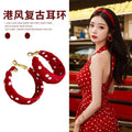 Vintage Hong Kong Style Fabric Wrapped Polka Dot Geometric Hoop Earrings With Silver Posts view 2