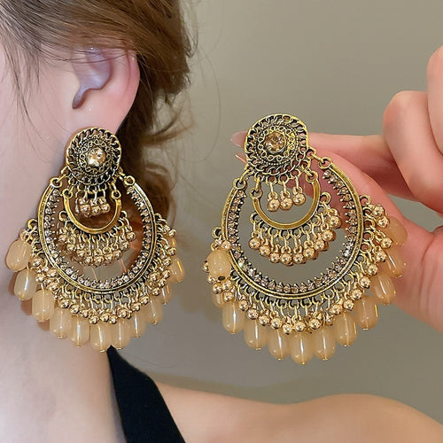 Vintage Palace Style Round Acrylic Rhinestone Tassel Drop Earrings With Silver Pins