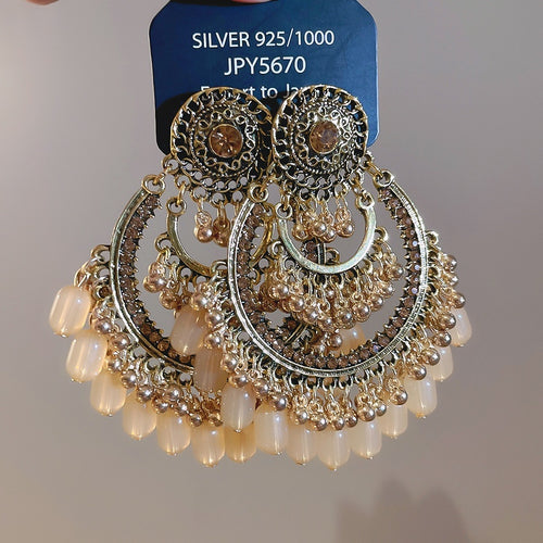 Vintage Palace Style Round Acrylic Rhinestone Tassel Drop Earrings With Silver Pins