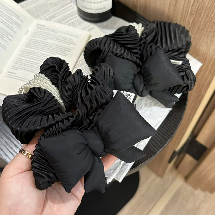 Pleated Beaded Bow Scrunchie With French Vintage Style