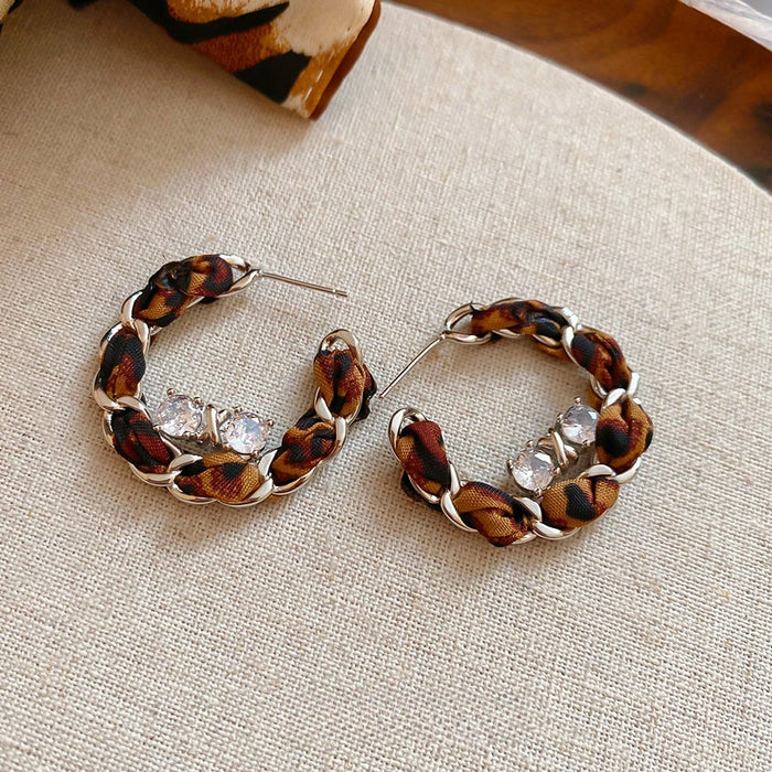 Vintage Woven Fabric C-Shaped Hoop Earrings With Zircon Accents And Silver Posts