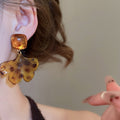 Vintage Acrylic Square Ginkgo Leaf Drop Earrings With Silver Needle Floral Pendant Design view 3