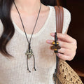 Maillard Ethnic Wax Cord Tiger Eye Spotted Stone Flower Pendant Sweater Necklace view 4