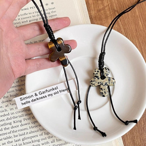 Maillard Ethnic Wax Cord Tiger Eye Spotted Stone Flower Pendant Sweater Necklace