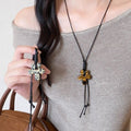 Maillard Ethnic Wax Cord Tiger Eye Spotted Stone Flower Pendant Sweater Necklace view 1