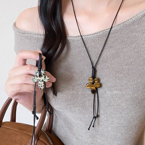 Maillard Ethnic Wax Cord Tiger Eye Spotted Stone Flower Pendant Sweater Necklace