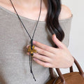 Maillard Ethnic Wax Cord Tiger Eye Spotted Stone Flower Pendant Sweater Necklace view 3