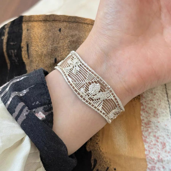 18K Gold Plated Copper Open Cuff Bracelet With Hollow Mesh Geometric Minimalist Design