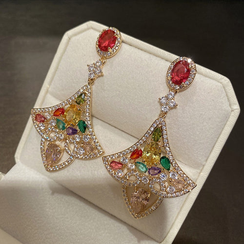 Light Luxury Colorful Zircon Geometric Fan Heart Stud Earrings For Women