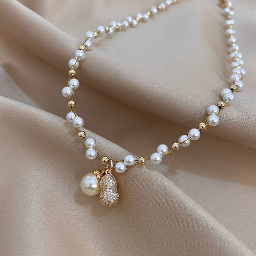 Sparkling Zircon Faux Pearl Beaded Gourd Sweater Necklace, French Vintage Light Luxury Jewelry