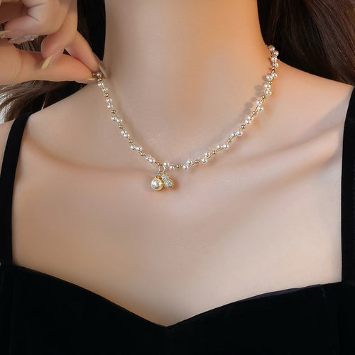 Sparkling Zircon Faux Pearl Beaded Gourd Sweater Necklace, French Vintage Light Luxury Jewelry