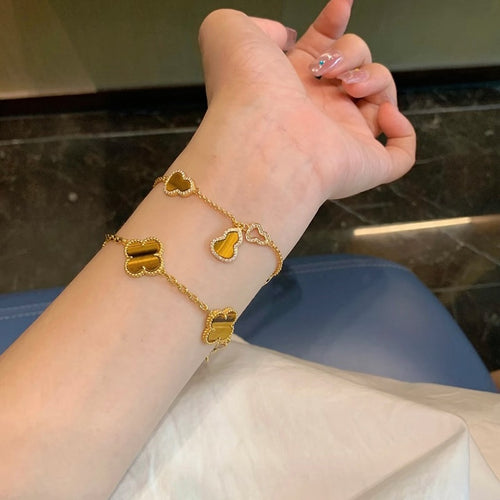 18K Gold Plated Copper Tiger Eye Stone Hollow Gourd Bracelet, New Chinese Style Jewelry for Women