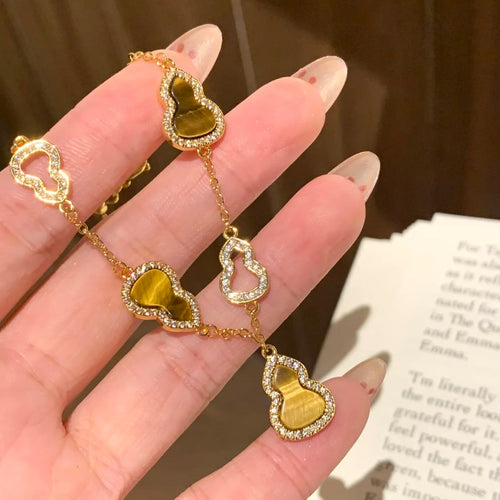 18K Gold Plated Copper Tiger Eye Stone Hollow Gourd Bracelet, New Chinese Style Jewelry for Women