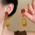 Chic Bohemian Resin And Wood Hollow Square Teardrop Drop Earrings With Silver Pins view 3