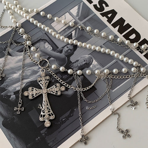 Rhinestone Hollow Cross Tassel Pearl Necklace And Waist Chain Belt Accessory