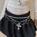 Rhinestone Hollow Cross Tassel Pearl Necklace And Waist Chain Belt Accessory view 4
