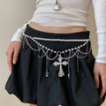 Rhinestone Hollow Cross Tassel Pearl Necklace And Waist Chain Belt Accessory view 3