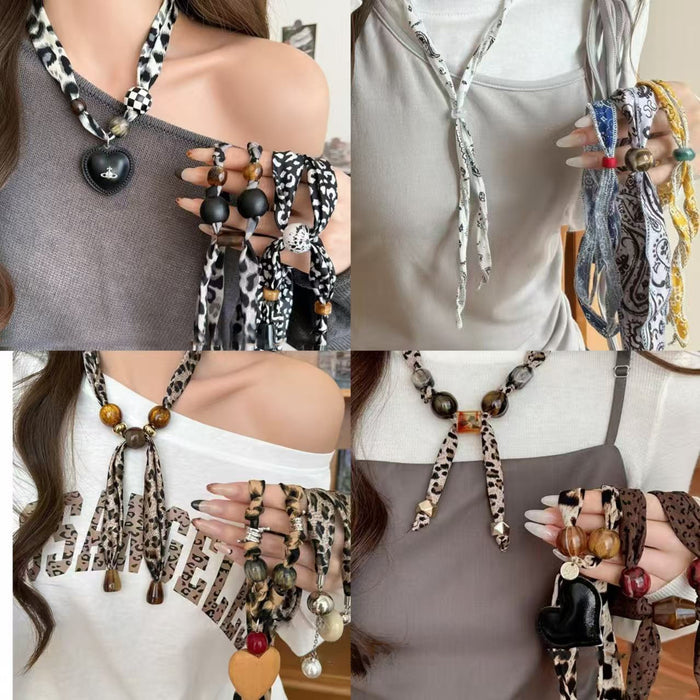 Vintage Ethnic Fabric Acrylic Wood Beaded Scarf Knot Geometric Round Collarbone Necklace