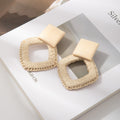 Bohemian Square Wood Block Rattan Woven Diamond Drop Stud Statement Beach Vacation Fashion Earrings view 3