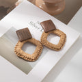 Bohemian Square Wood Block Rattan Woven Diamond Drop Stud Statement Beach Vacation Fashion Earrings view 4