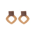 Bohemian Square Wood Block Rattan Woven Diamond Drop Stud Statement Beach Vacation Fashion Earrings view 5
