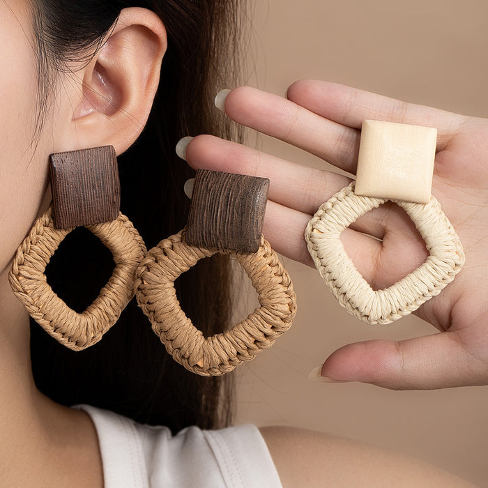 Bohemian Square Wood Block Rattan Woven Diamond Drop Stud Statement Beach Vacation Fashion Earrings