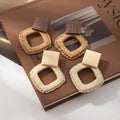 Bohemian Square Wood Block Rattan Woven Diamond Drop Stud Statement Beach Vacation Fashion Earrings view 2