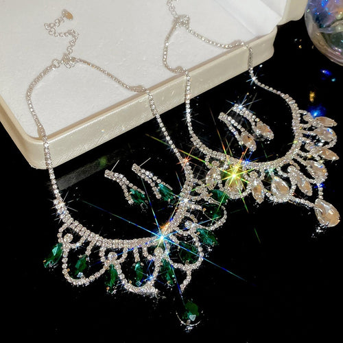 Copper Teardrop Rhinestone Tassel Necklace And Drop Earrings Jewelry Set Old Money Style