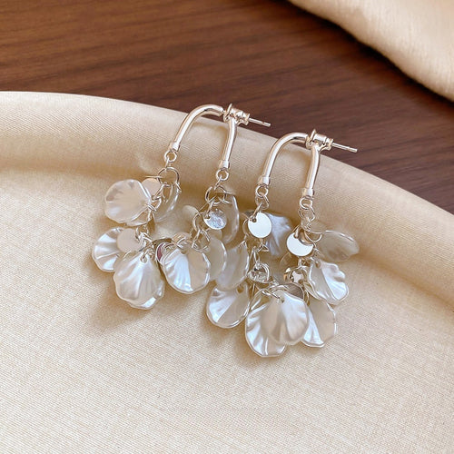 Elegant Faux Pearl Petal Flower Tassel Drop Earrings With Silver Needle Studs For Women
