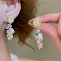 Court Style Oval Pearl Crystal Tassel Drop Earrings With Silver Needle And Rhinestone Inlay view 3
