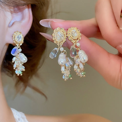 Court Style Oval Pearl Crystal Tassel Drop Earrings With Silver Needle And Rhinestone Inlay