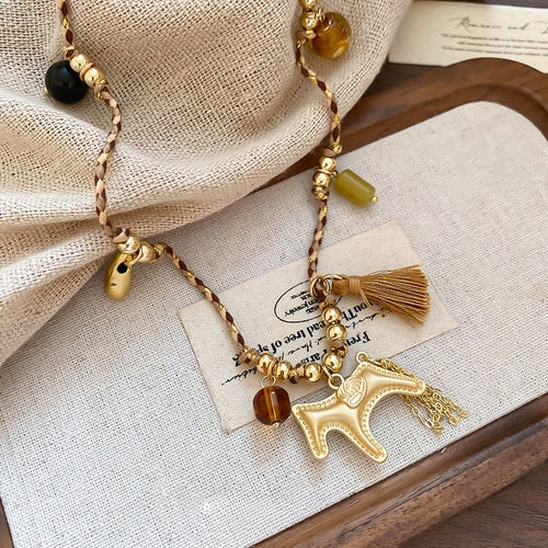 Vintage Ethnic Braided Cord Tassel Horse Pendant Necklace Alloy Geometric Animal Choker