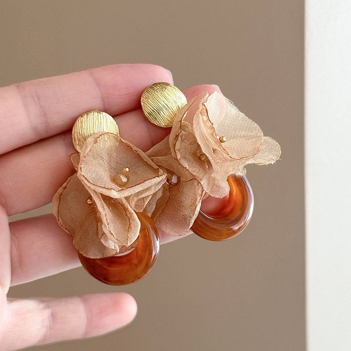 Silver Needle Resin Fabric Chiffon Flower Geometric Round Maillard Vintage Stud Earrings