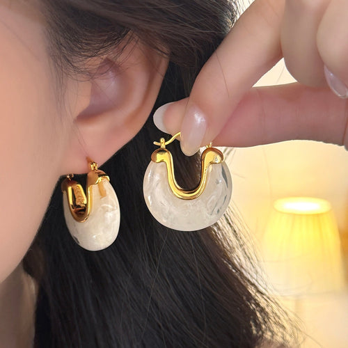 French Vintage Resin Geometric U Shaped Round Ear Cuff Earrings For Vacation Style