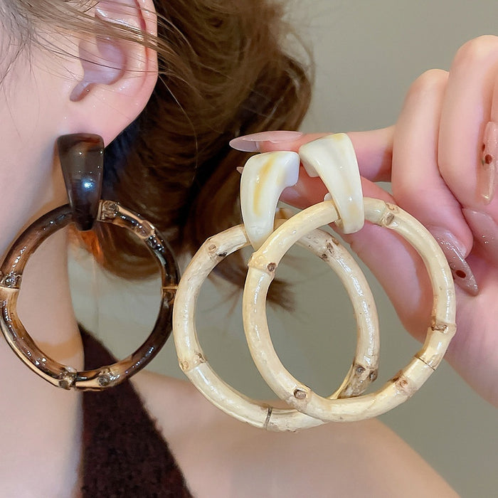 Vintage Resin Geometric Round Bamboo Pendant Drop Earrings With Silver Pins For Women