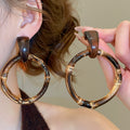 Vintage Resin Geometric Round Bamboo Pendant Drop Earrings With Silver Pins For Women view 3
