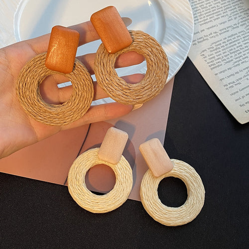 Bohemian Beach Vacation Wooden Stud Handmade Woven Rattan Round Hoop Statement Vintage Drop Earrings