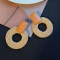 Bohemian Beach Vacation Wooden Stud Handmade Woven Rattan Round Hoop Statement Vintage Drop Earrings view 3