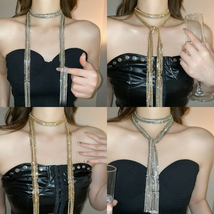 Luxury Copper Rhinestone Geometric Tassel Sweater Necklace For Women Fashion Waist Chain