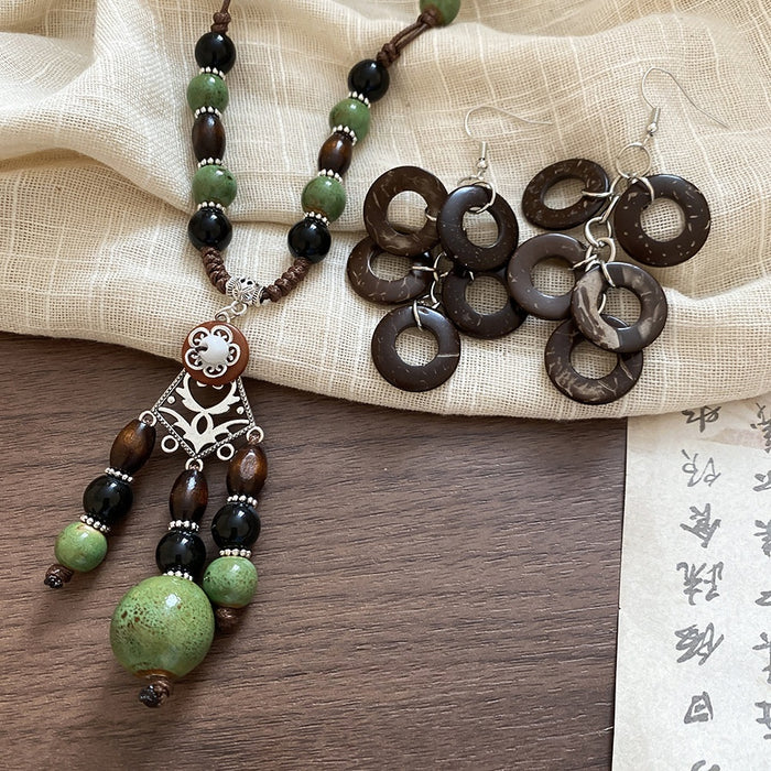 Vintage Coconut Shell Round Tassel Earrings And Necklace Jewelry Set For Boho Sweater Chain Style