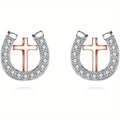 Two Tone Horseshoe Geometric Stud Earrings For Women Micro Paved Zircon Light Luxury Jewelry view 2