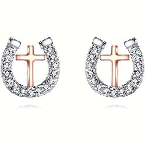 Two Tone Horseshoe Geometric Stud Earrings For Women Micro Paved Zircon Light Luxury Jewelry