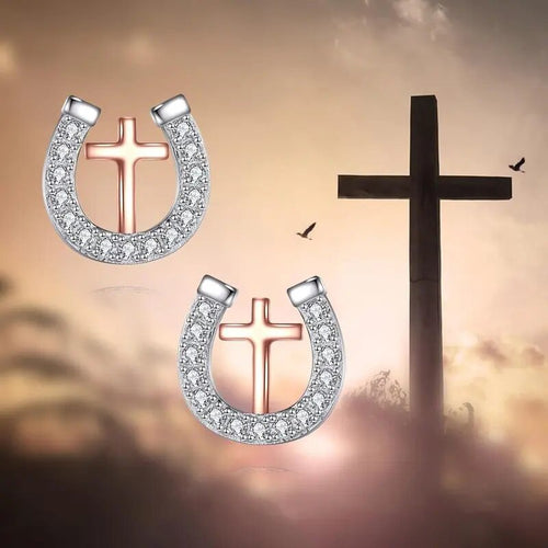 Two Tone Horseshoe Geometric Stud Earrings For Women Micro Paved Zircon Light Luxury Jewelry