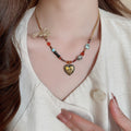 Coffee Tone Tiger Eye Stone Bow Heart Flower Alloy Sweater Necklace French Palace Style Clavicle Chain For Women view 3