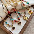 Coffee Tone Tiger Eye Stone Bow Heart Flower Alloy Sweater Necklace French Palace Style Clavicle Chain For Women view 2