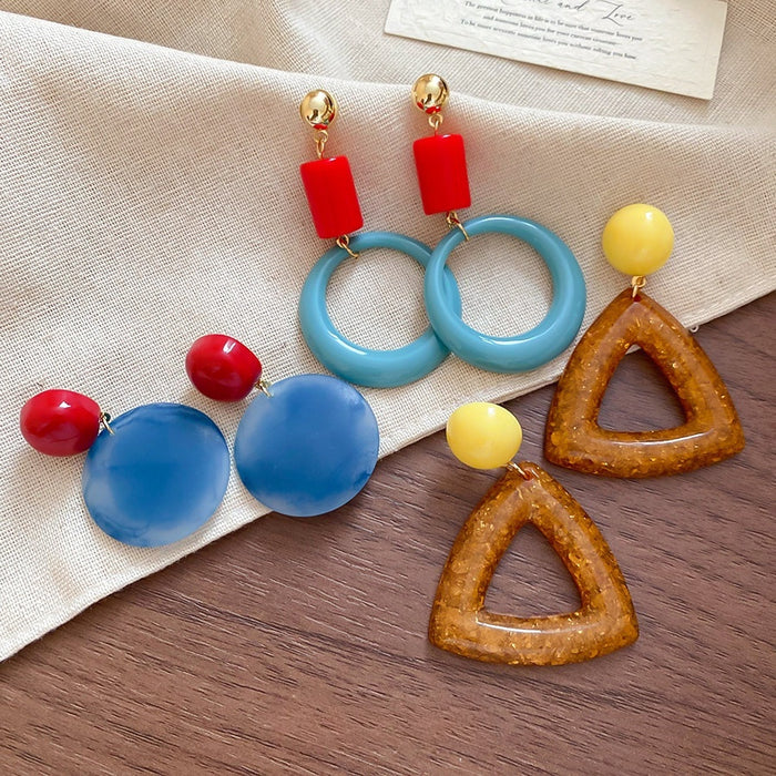 Minimalist Mixed Material Acrylic Resin Round Triangle Pendant Drop Earrings