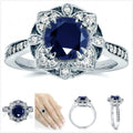 Silver Flower Halo Blue or Green Round CZ Cocktail Ring view 1