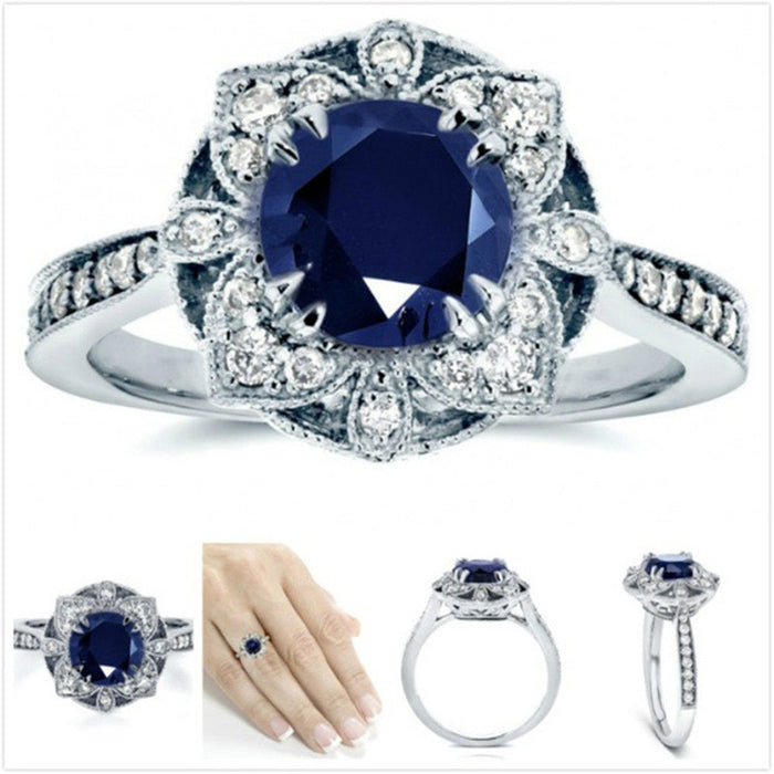 Silver Flower Halo Blue or Green Round CZ Cocktail Ring