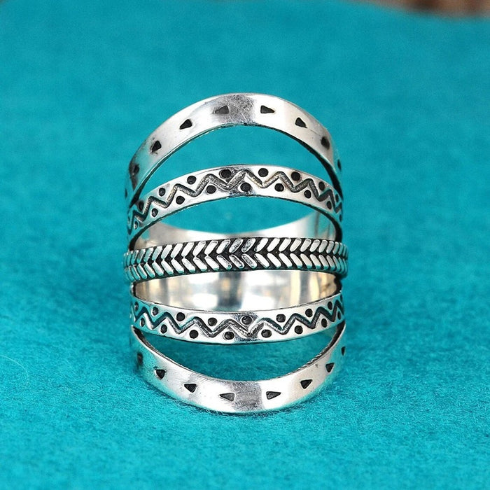 Metal Plated Multi Layer Geometric Aged Ring For Women, Niche Fashion Single Finger Ring