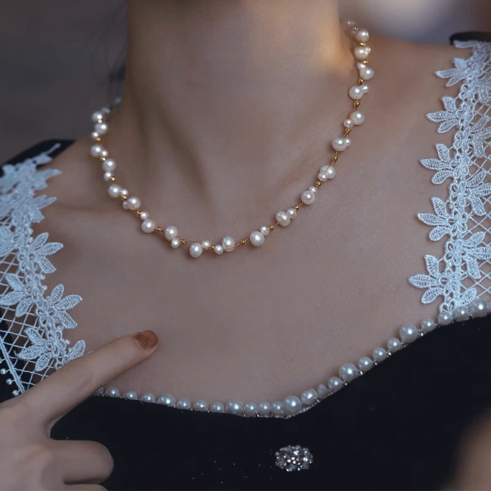 French Court Style Copper Braided Double Layer Pearl Choker Necklace For Women